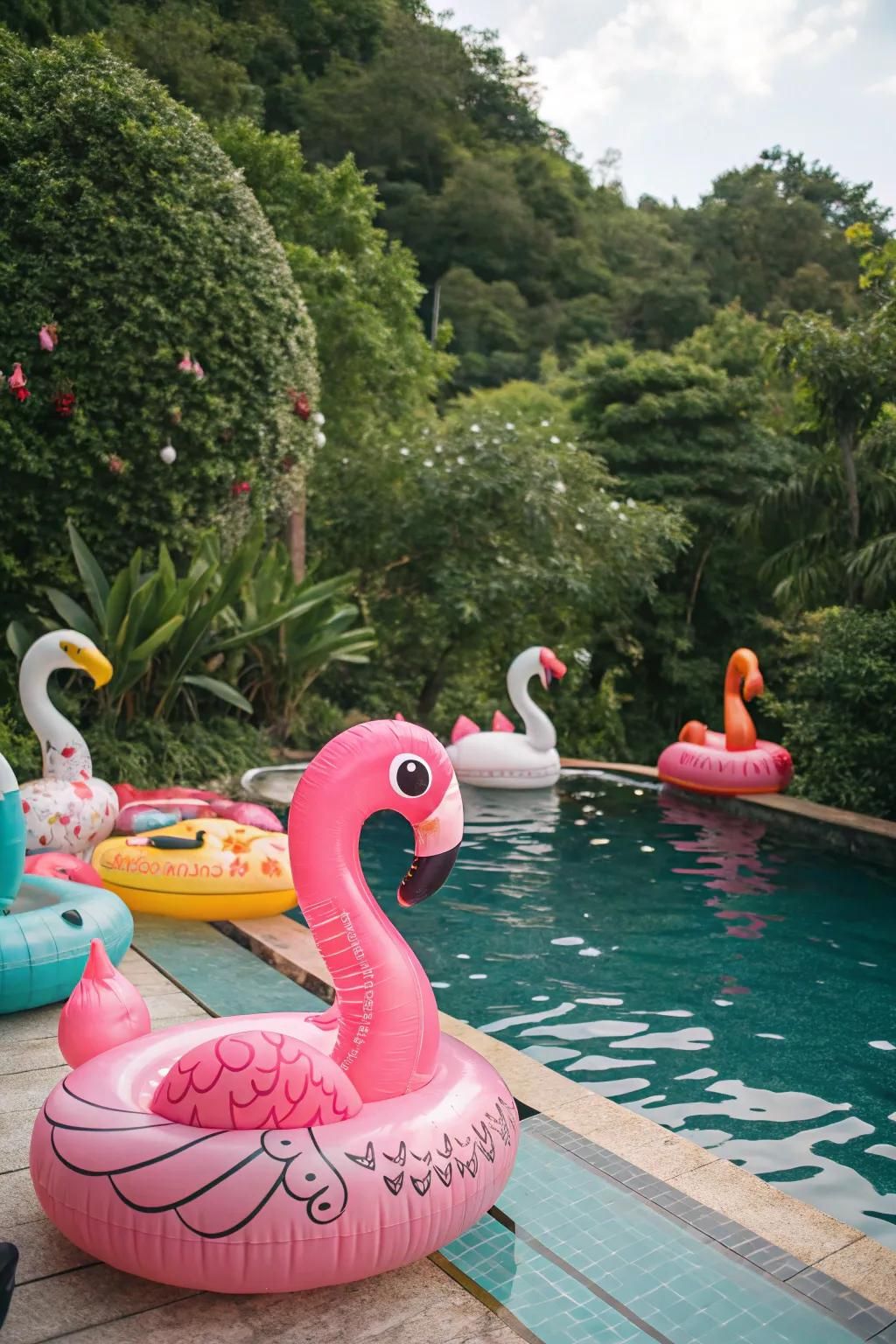 Colorful inflatable floats add a touch of whimsy and fun to any pool party.
