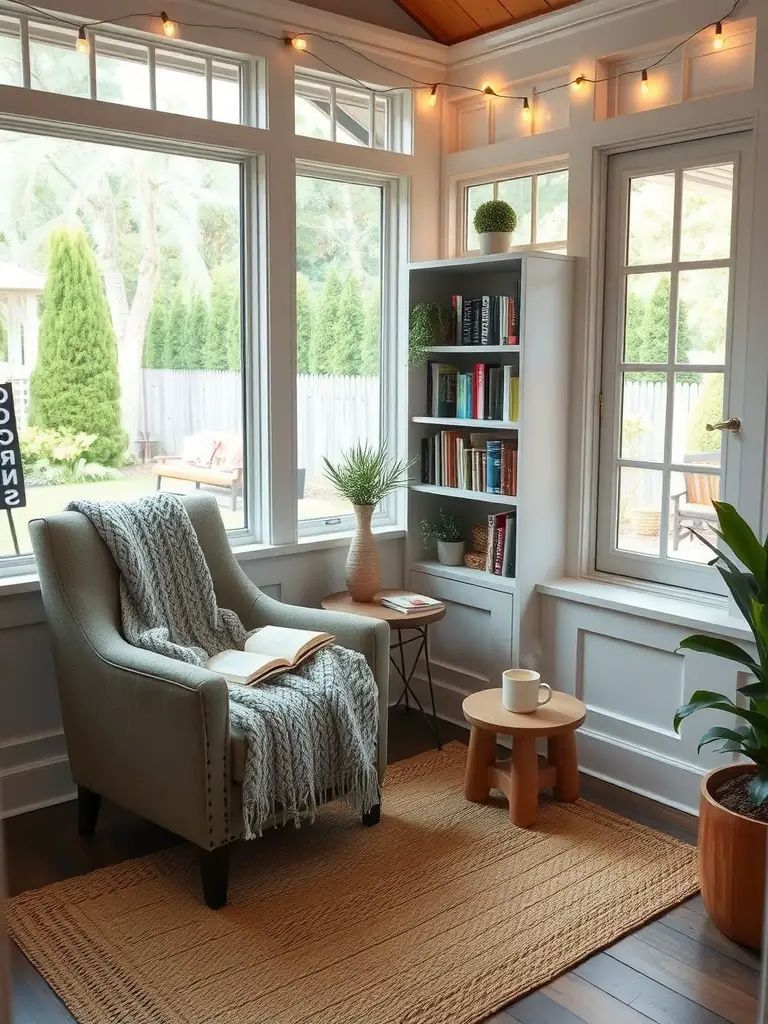 Cozy reading nook in a screened-in porch with an armchair, bookshelf, and natural light