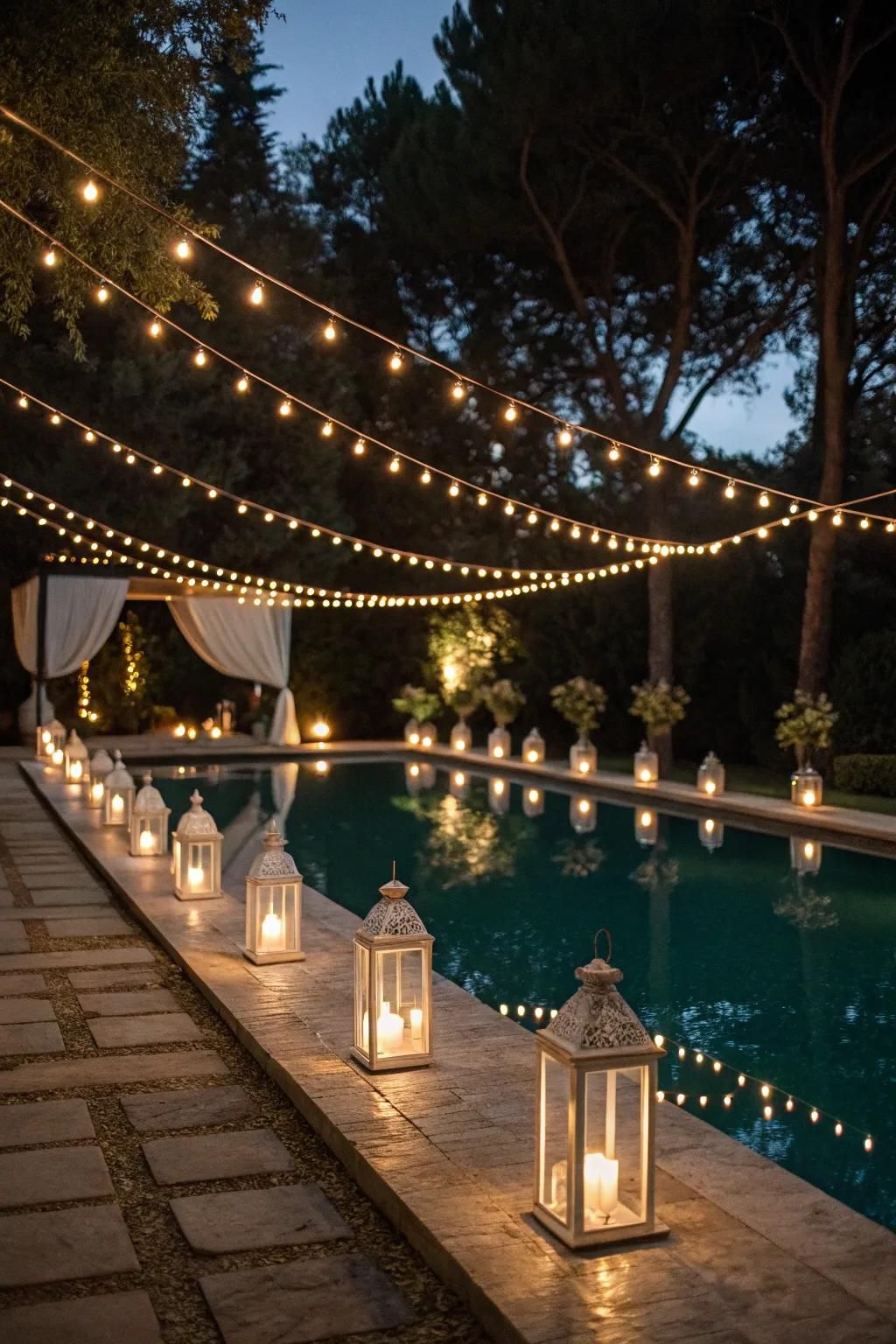 Lanterns and lights blend vintage charm with elegance.