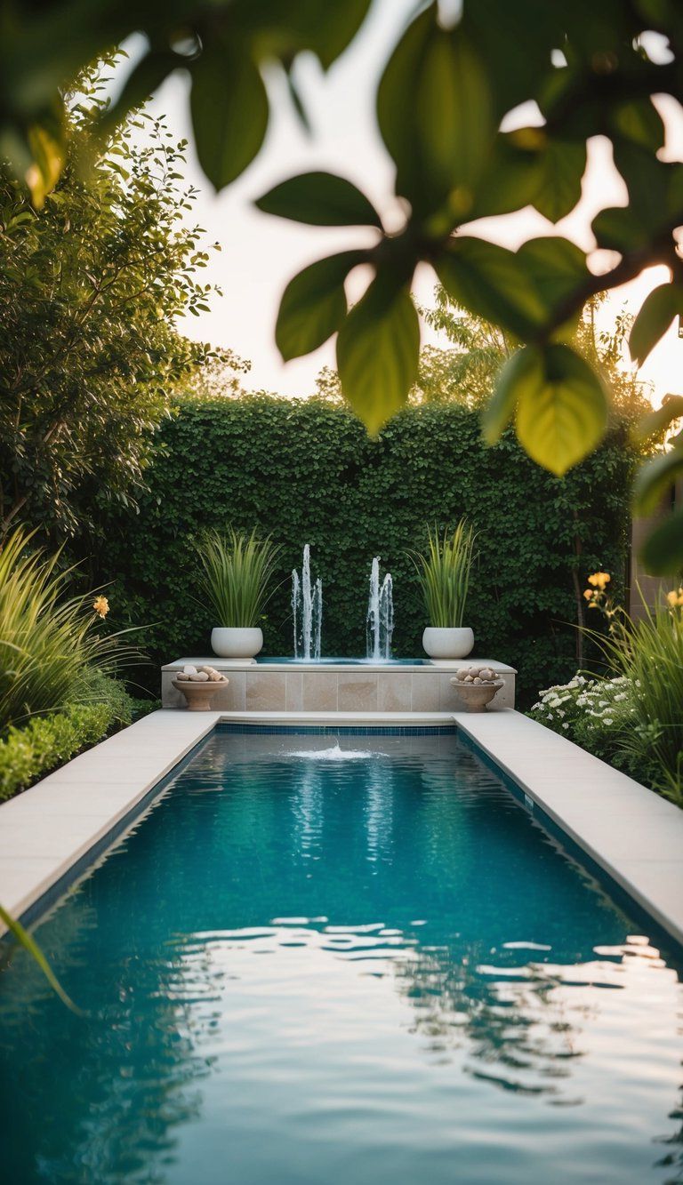 A serene backyard hydrotherapy pool surrounded by lush greenery and adorned with tranquil water features