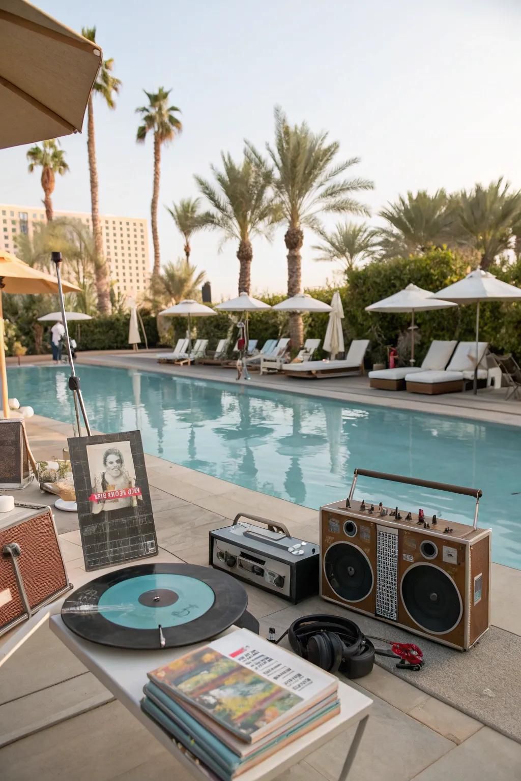 Retro-themed decor adds a nostalgic touch to the pool party.