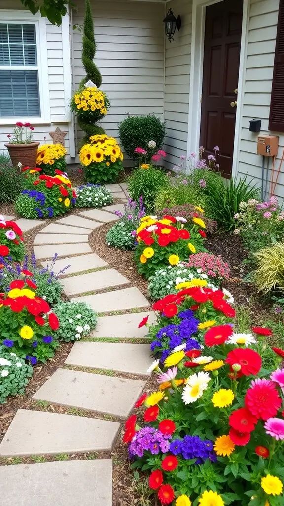 A colorful front yard with flowers and a winding pathway.