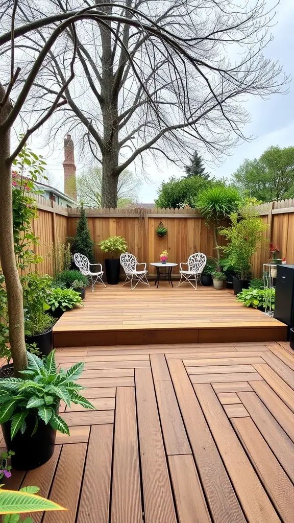 A small garden deck with two chairs, surrounded by potted plants and a wooden fence.