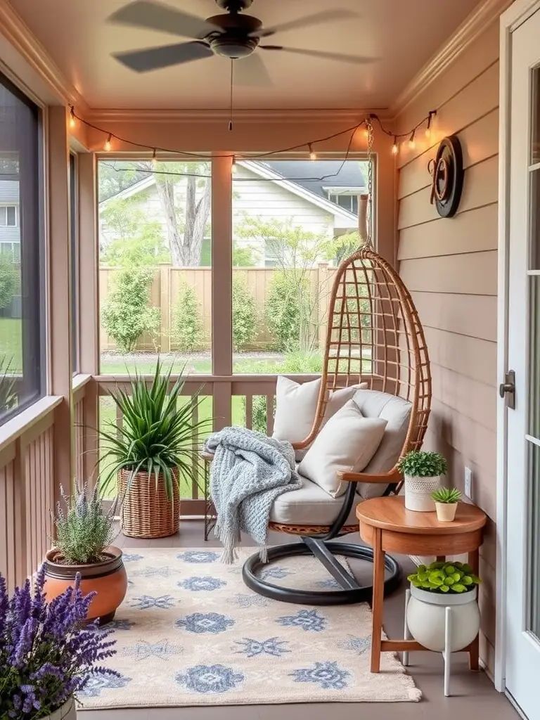 Cozy screened porch with a hanging chair, potted plants, and soft lighting