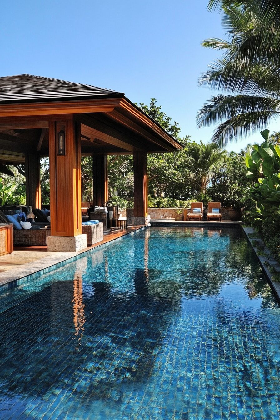 Pool house. Teak wood changing cabana next to a walk-in infinity pool.