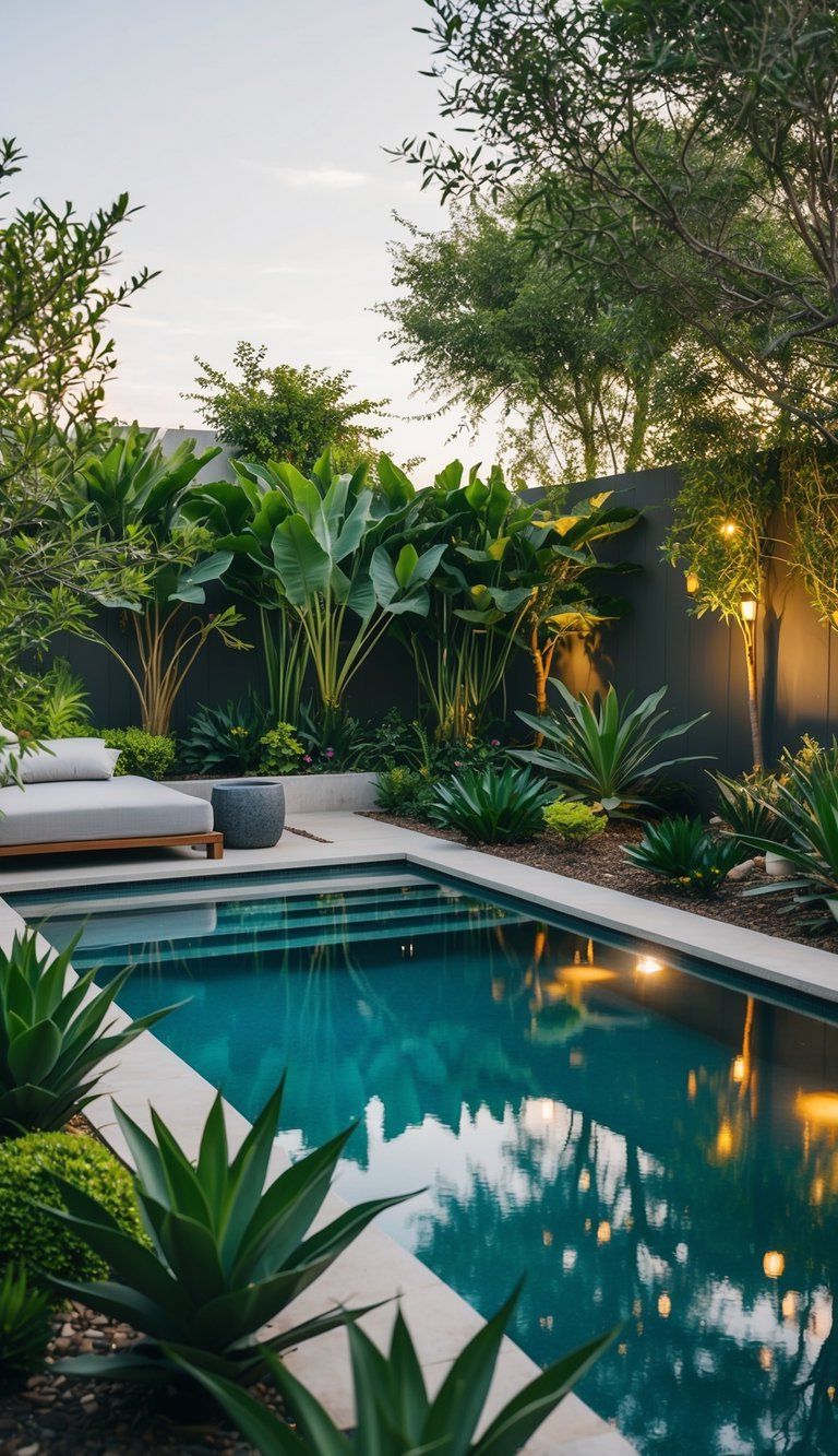 A lush backyard oasis with a modern pool, surrounded by native plants, solar-powered lights, and sustainable landscaping features