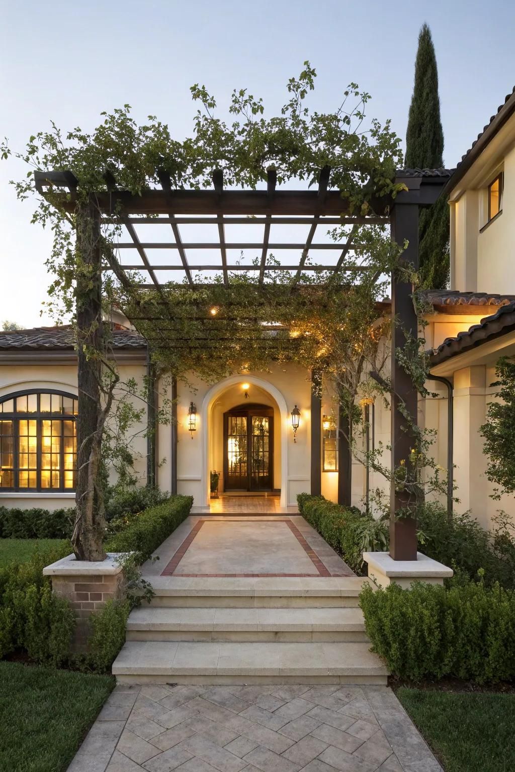 An entryway pergola adds a touch of elegance and function to this home's entrance.