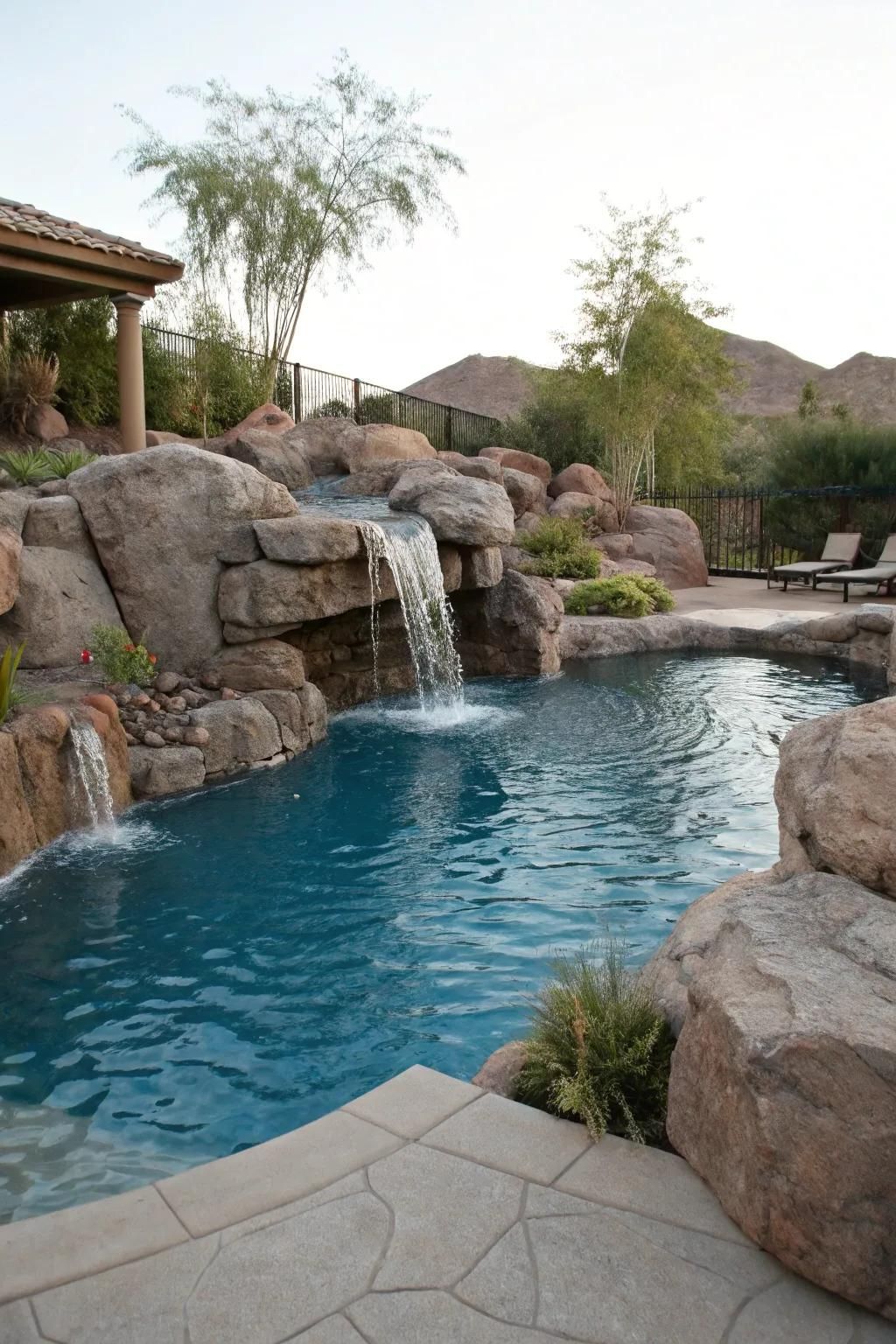 A waterfall feature creates a relaxing ambiance in a backyard pool.