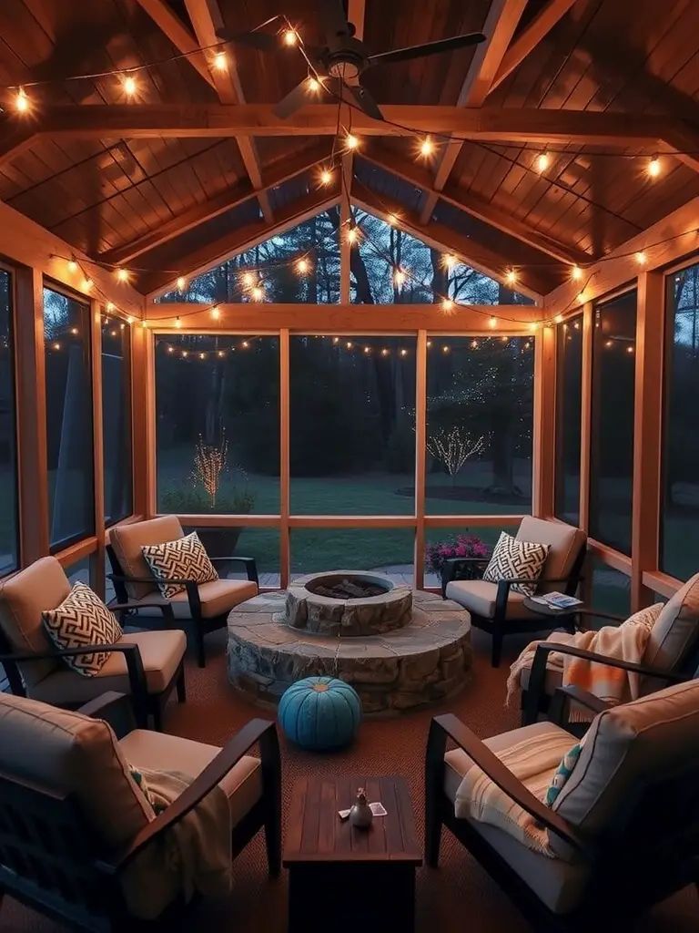 Cozy screened-in porch with a fire pit and lounge area, illuminated by string lights.