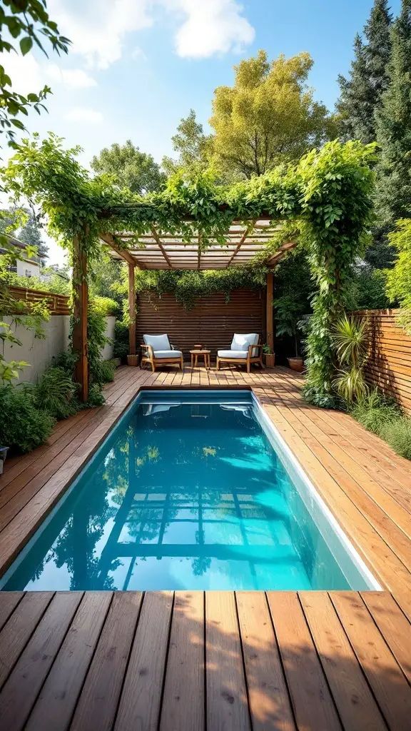 A small pool with a wooden deck and a pergola covered in green vines, featuring lounge chairs nearby.