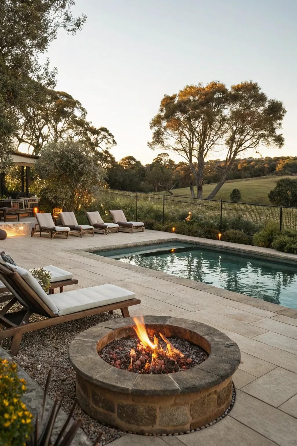 Warm up your evenings with a cozy fire pit by the pool.