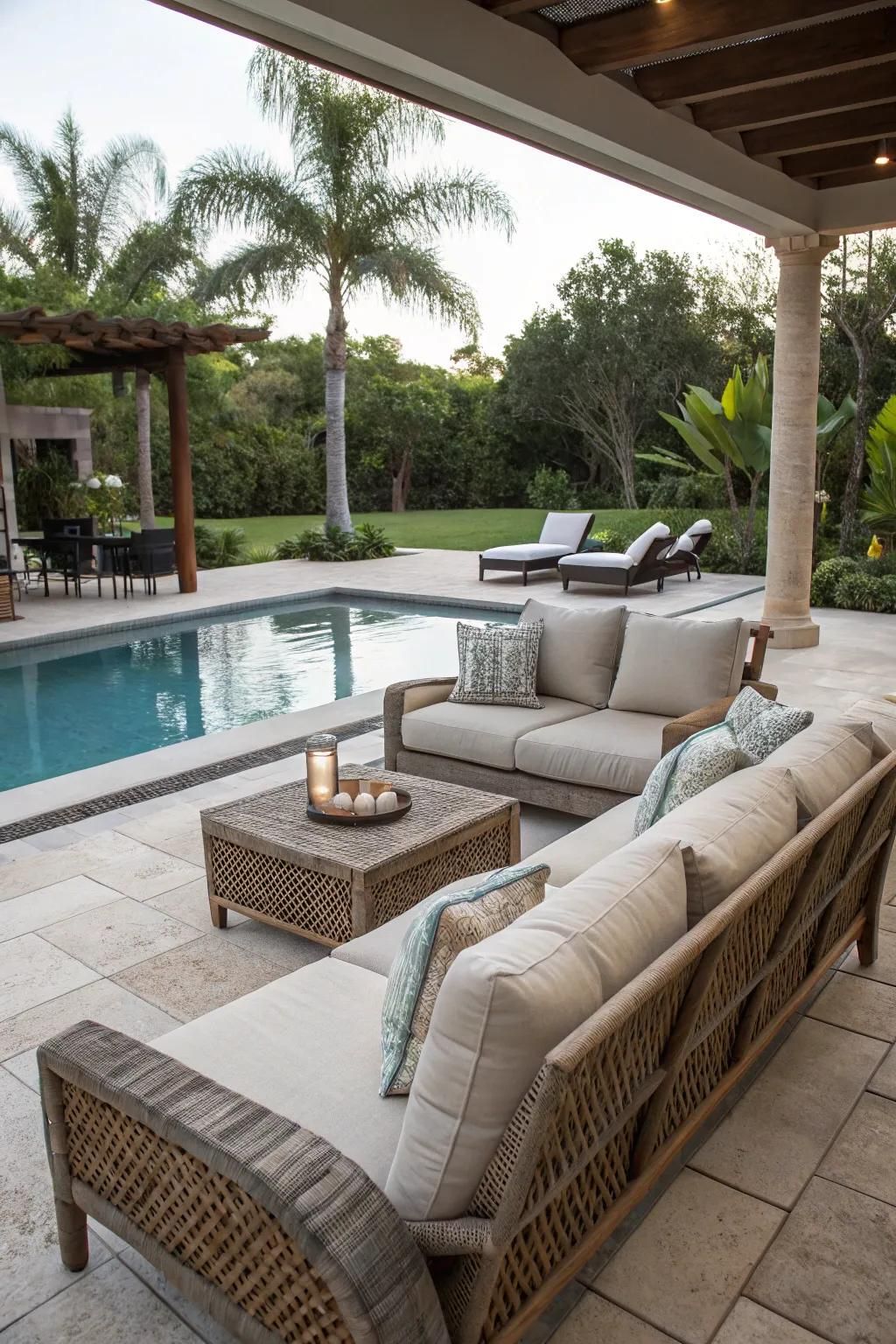 A cozy lounge area complements the side pool.