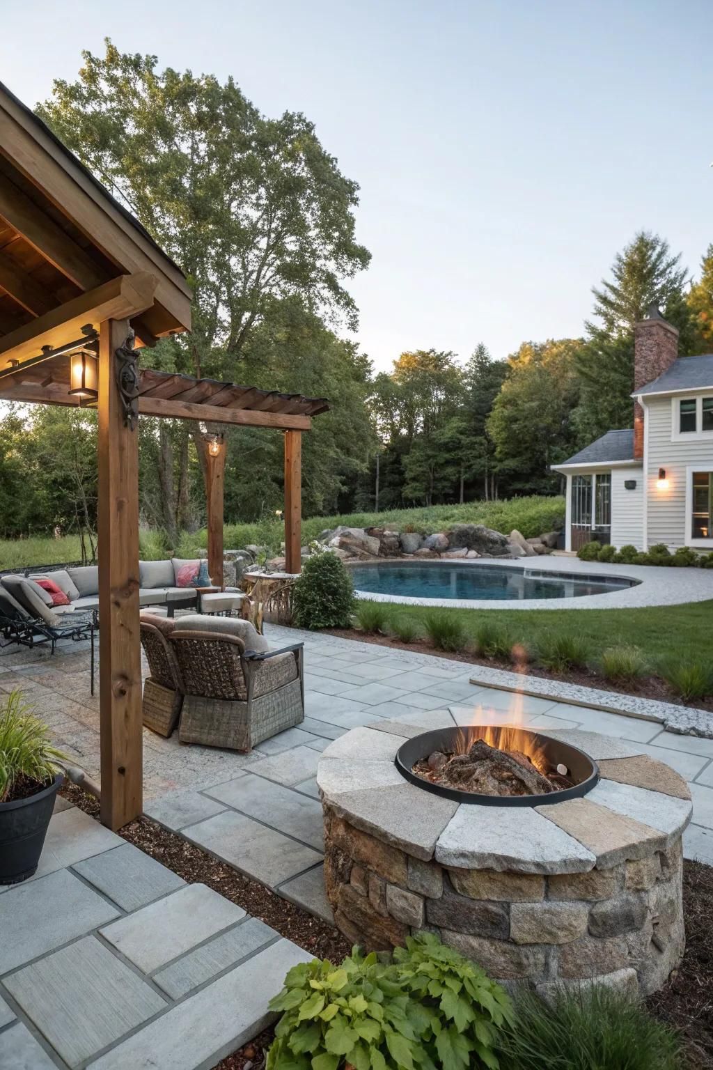 A harmonious design using a blend of materials around the fire pit.