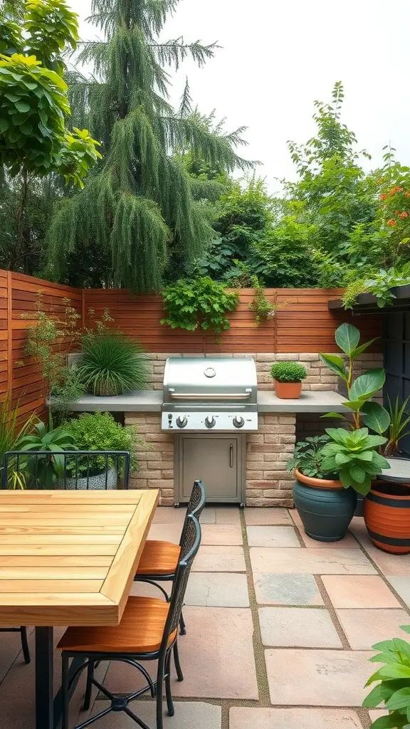 A small garden featuring an outdoor grill, stone patio, and wooden dining table surrounded by lush greenery.