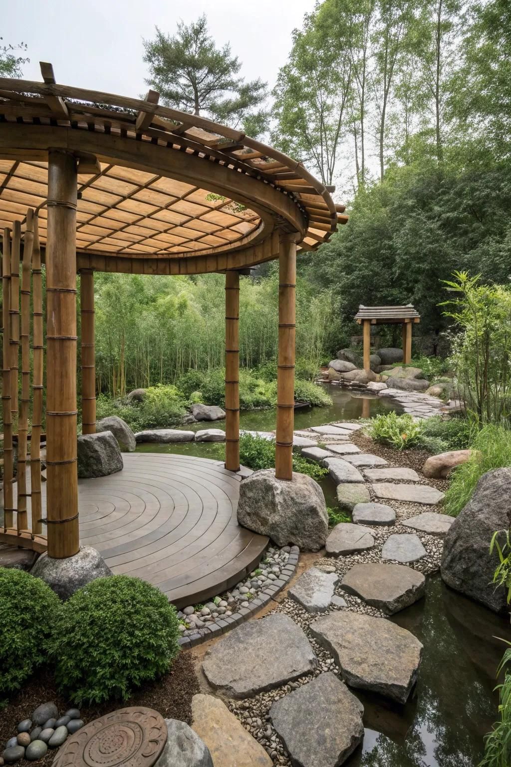 A Zen garden pergola provides a serene space for relaxation and meditation.