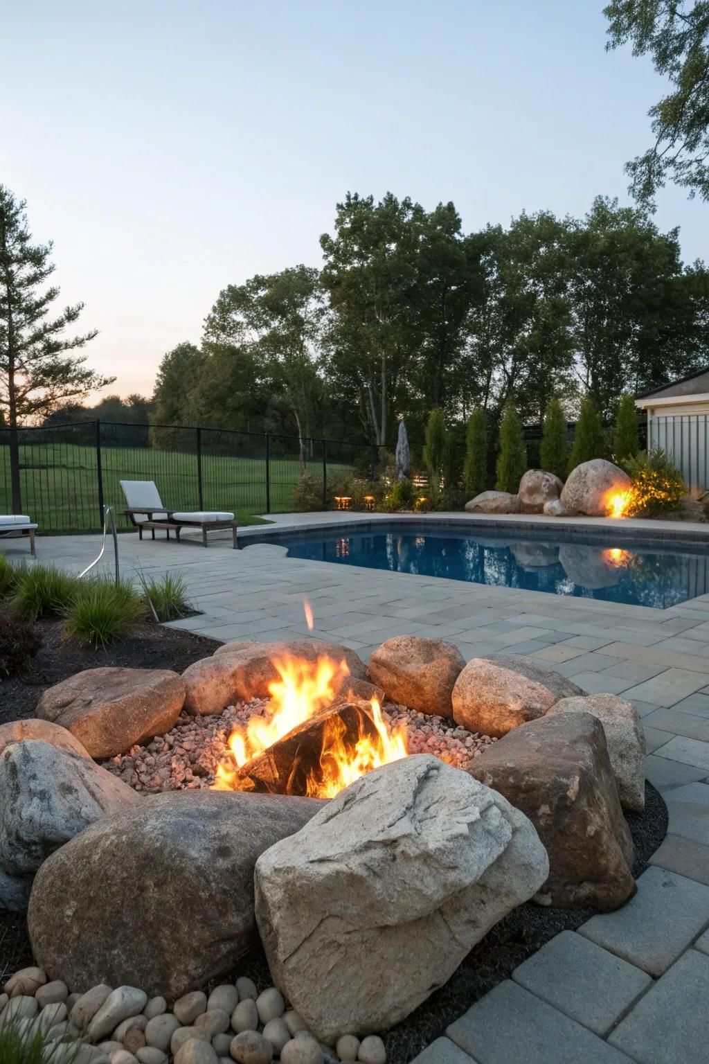Natural stone surrounds create a rustic and elegant fire pit area.