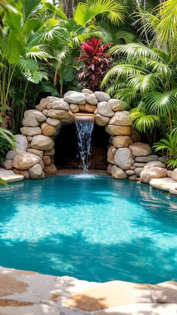 A small pool with a natural stone grotto and waterfall surrounded by lush greenery.