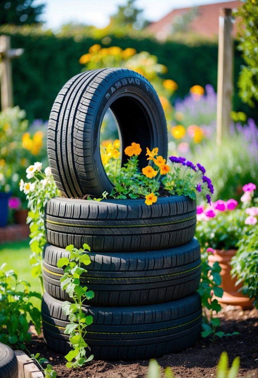 Tires stacked in a garden, filled with soil and blooming flowers. Colorful plants spilling over the edges, creating a budget-friendly and creative outdoor display