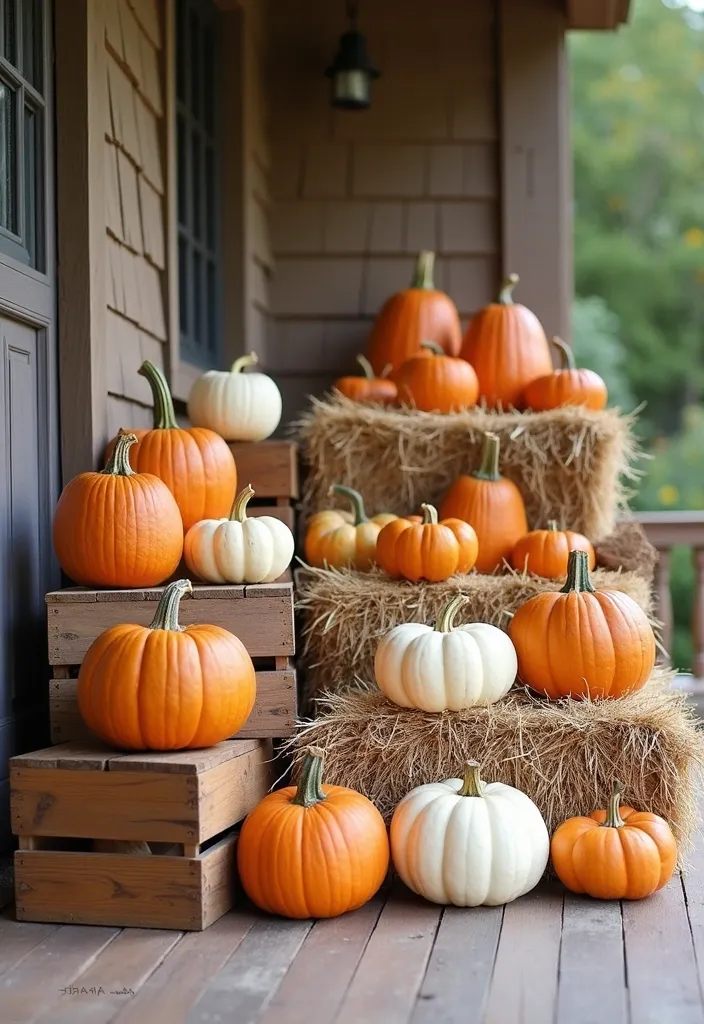 27+ Perfect Fall Porch Decor Ideas - 1. Rustic Pumpkin Display