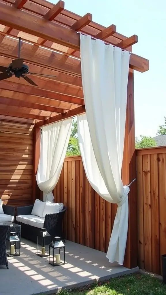 A backyard setting featuring a wooden pergola with hanging white curtains, a wooden fence, and cozy seating arrangement.