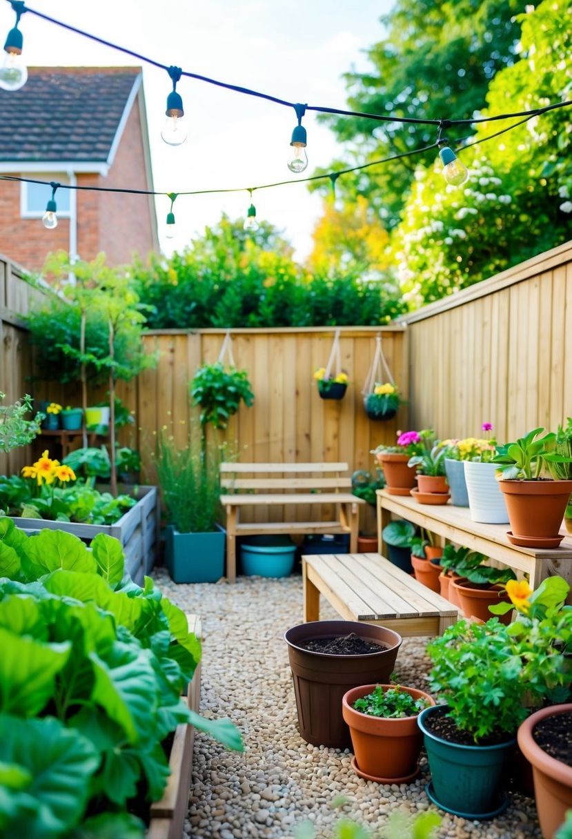 A small backyard with various DIY garden ideas: potted plants, a wooden bench, hanging lights, a vegetable garden, and a compost bin