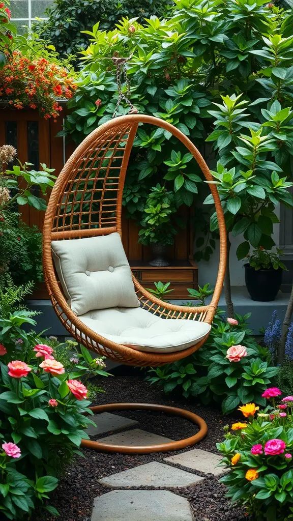 A cozy garden nook featuring an egg chair surrounded by colorful flowers and lush greenery.