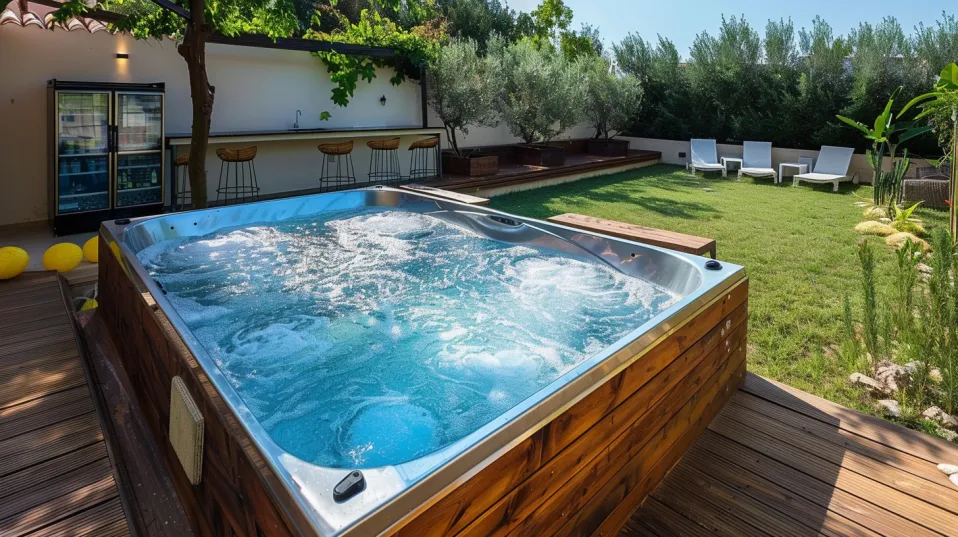 above ground pool with mini fridge bar drinks