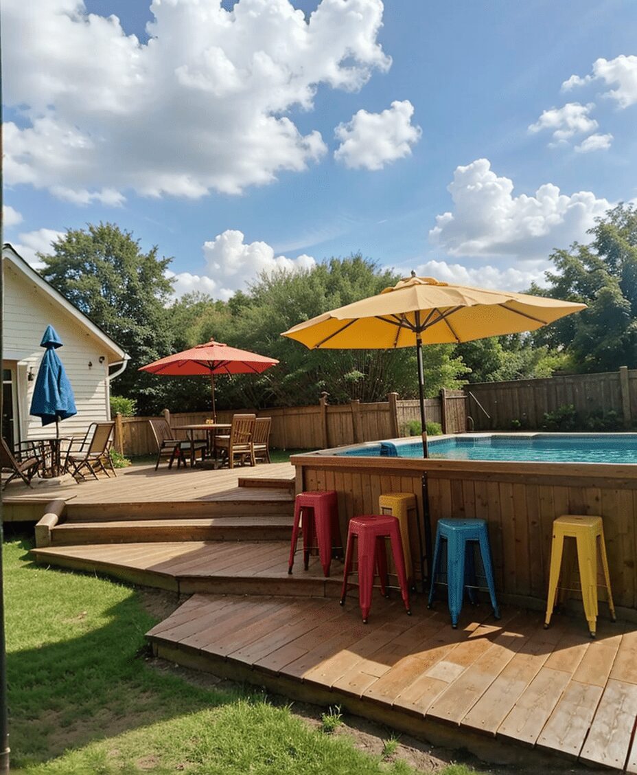colorful outdoo patio with above ground pool, umbrella