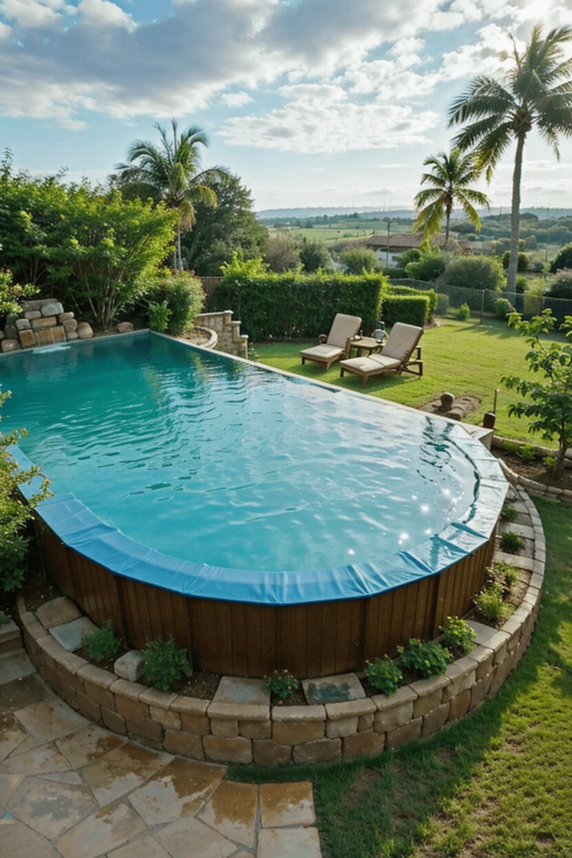 Close-up of a high-quality above-ground infinity edge pool with water flowing over the edge