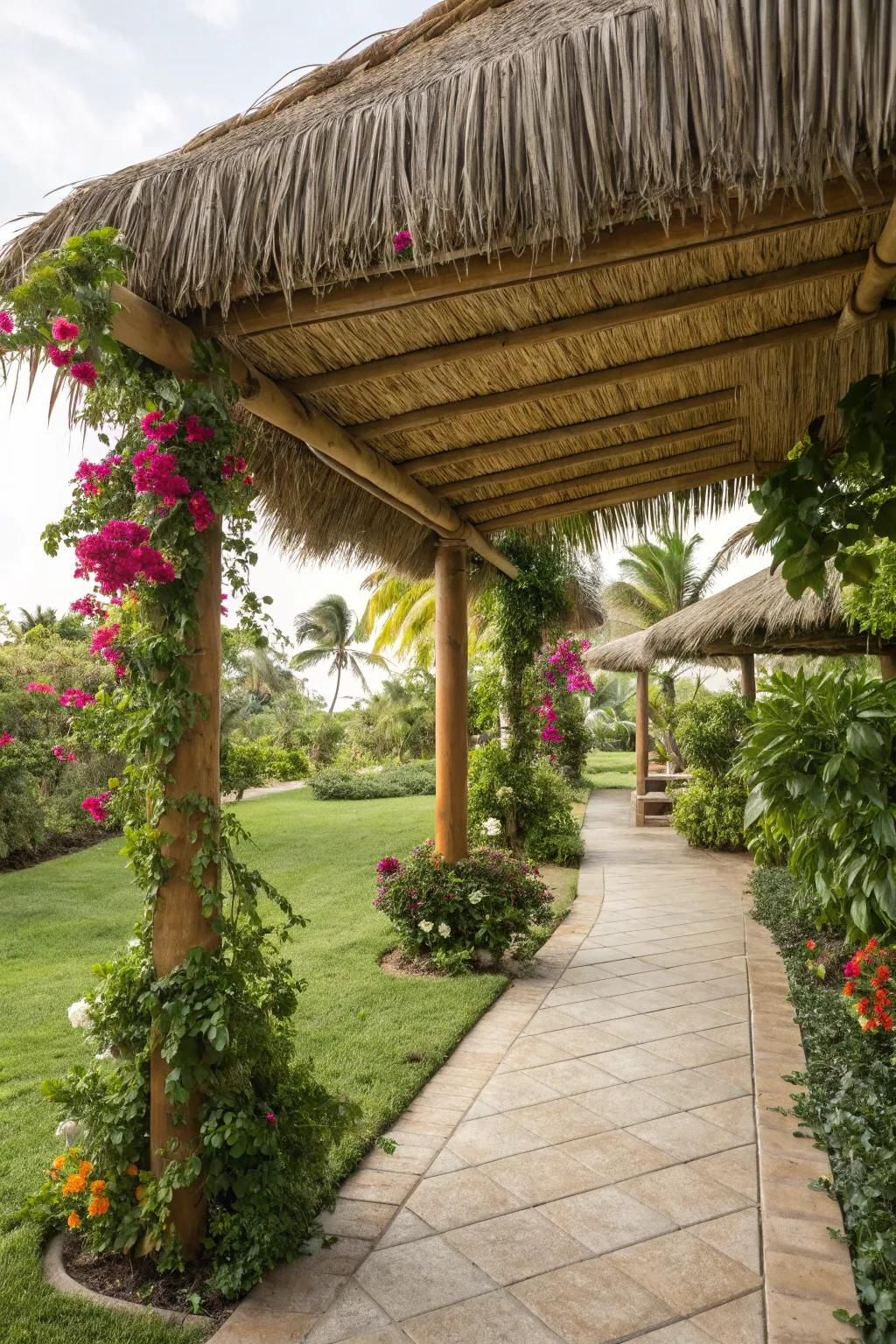 Palm thatch roofs bring a tropical vibe to outdoor spaces.