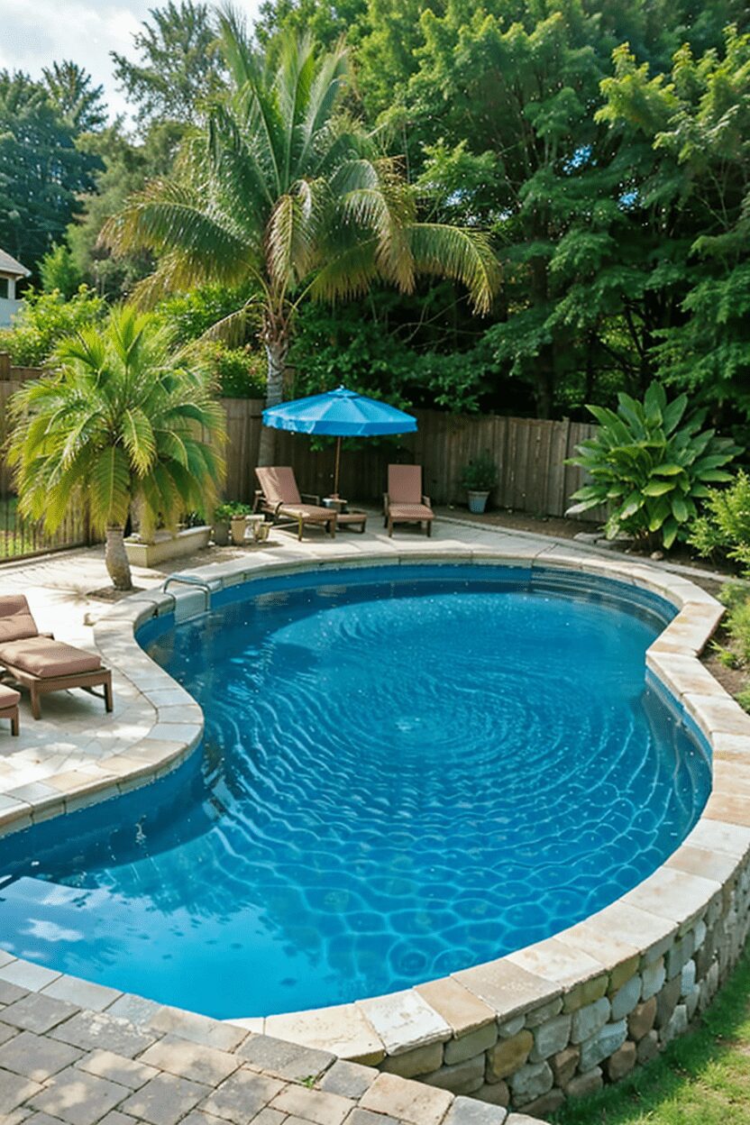 backyard above ground pool Adjacent Lounges lounge chairs and hammocks