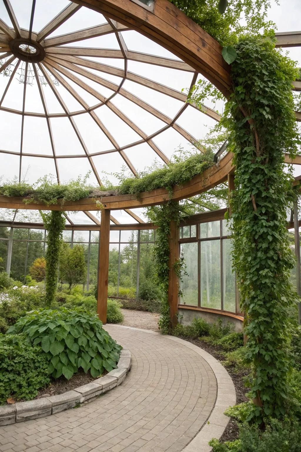 A greenhouse-inspired pergola nurtures plants while providing shelter.