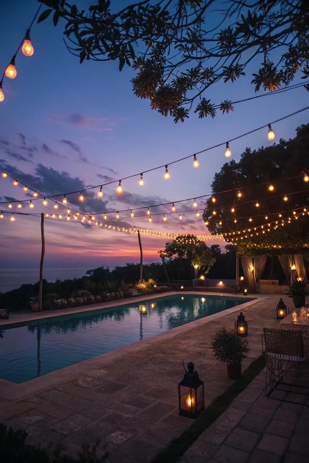 String lights and lanterns add a warm glow to the evening atmosphere.
