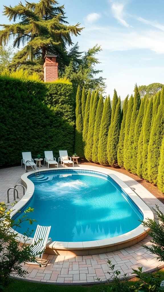 Secluded above ground pool surrounded by tall green hedges and lounge chairs.