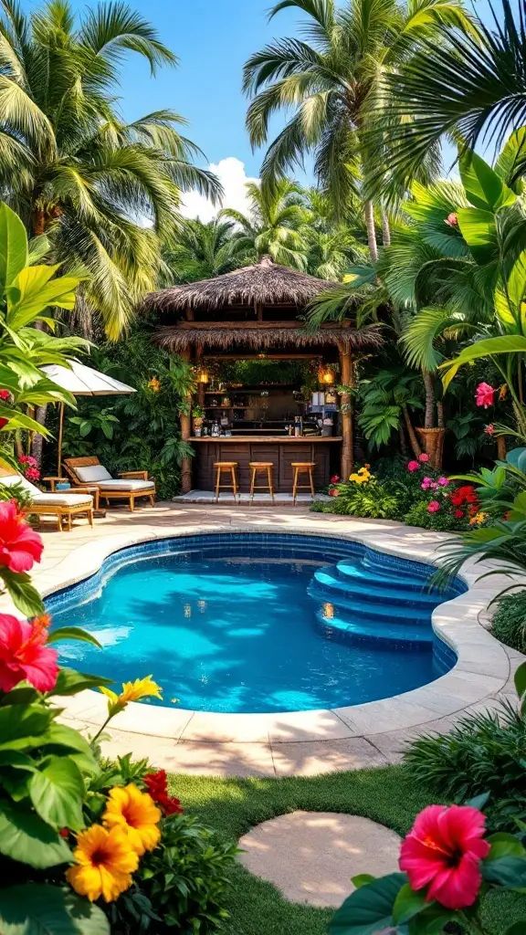 A small pool surrounded by tropical landscaping and a tiki bar