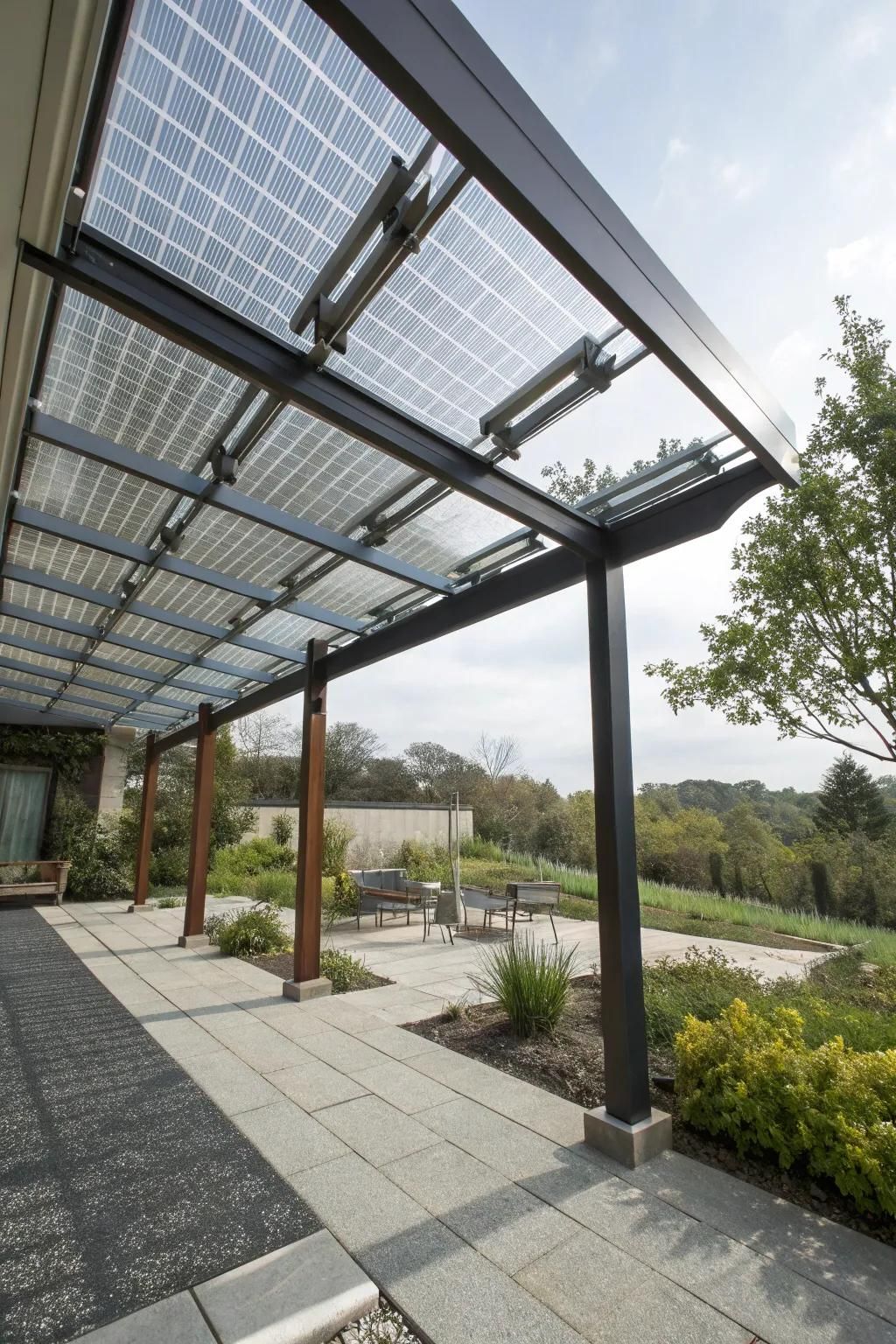Transparent solar panels merge shelter with sustainability.