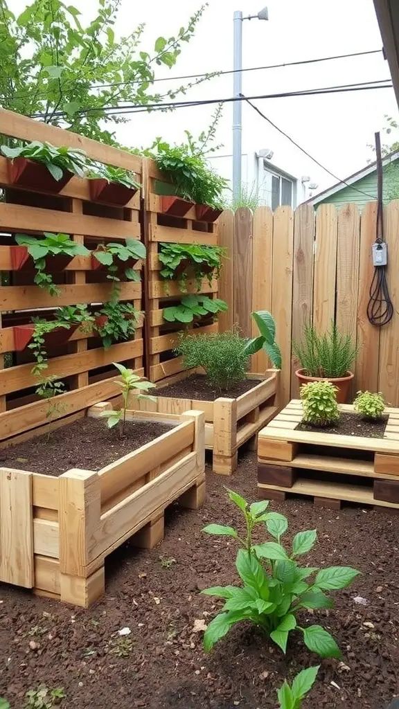 Small garden featuring upcycled wooden pallets used as planters and trellis.