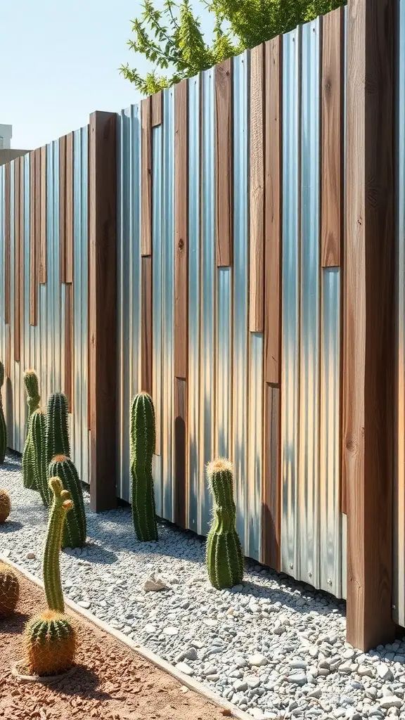 A stylish privacy fence made with corrugated metal panels and wooden slats, surrounded by cacti and gravel.