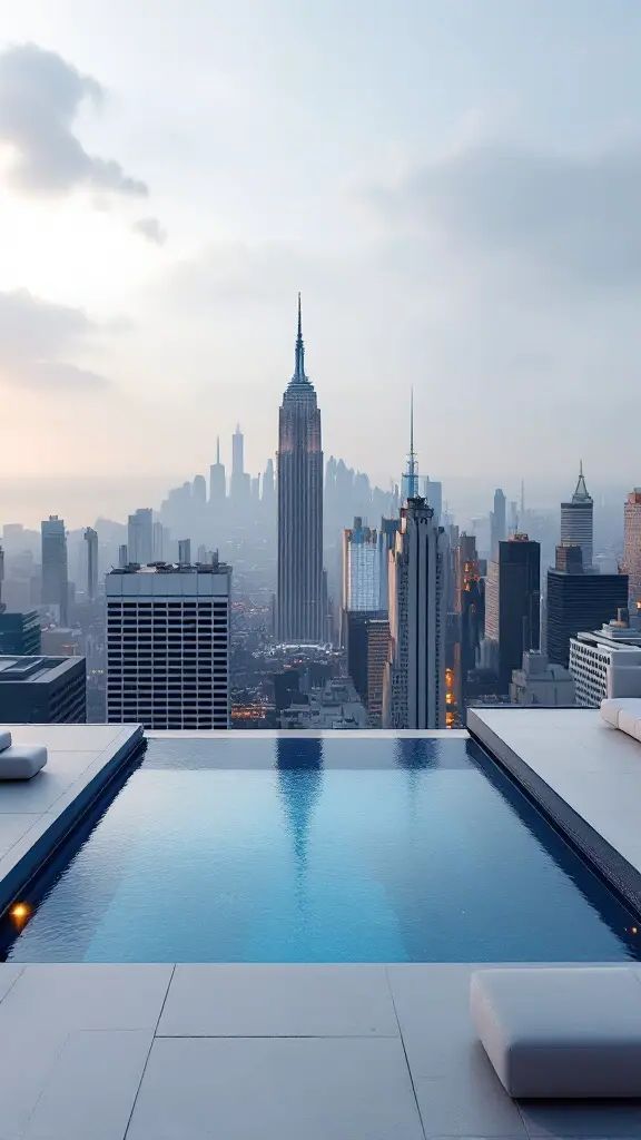 A modern small infinity pool overlooking a city skyline with skyscrapers.