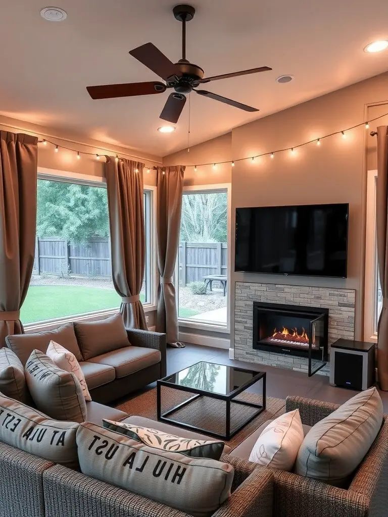 Cozy enclosed screened-in porch featuring a TV lounge area with comfortable seating, string lights, and a modern fireplace.