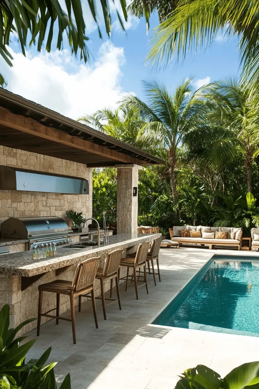 An outdoor kitchen next to a pool, with a BBQ station, a dining area with a wooden table and chairs, and a pergola providing shade, all with a view of the pool and water features.