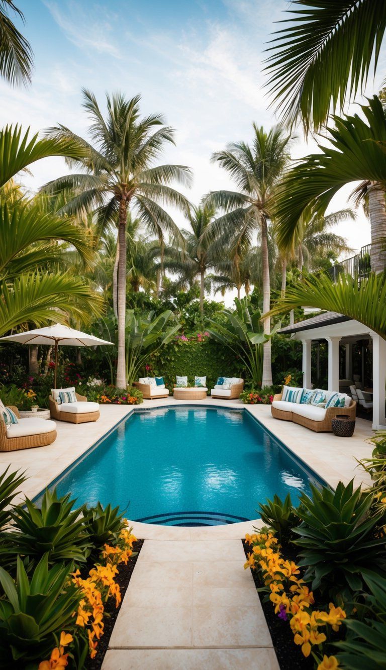 A lush tropical backyard with a sparkling pool surrounded by palm trees, colorful flowers, and cozy seating areas
