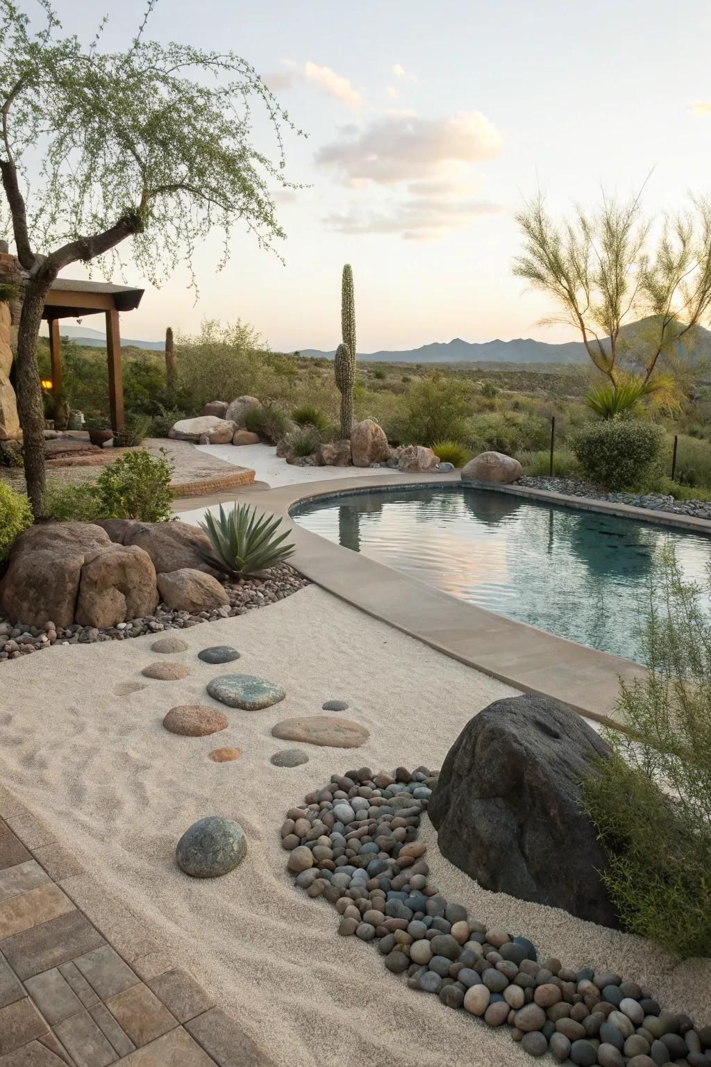 Zen gardens add a meditative element to pool landscaping.