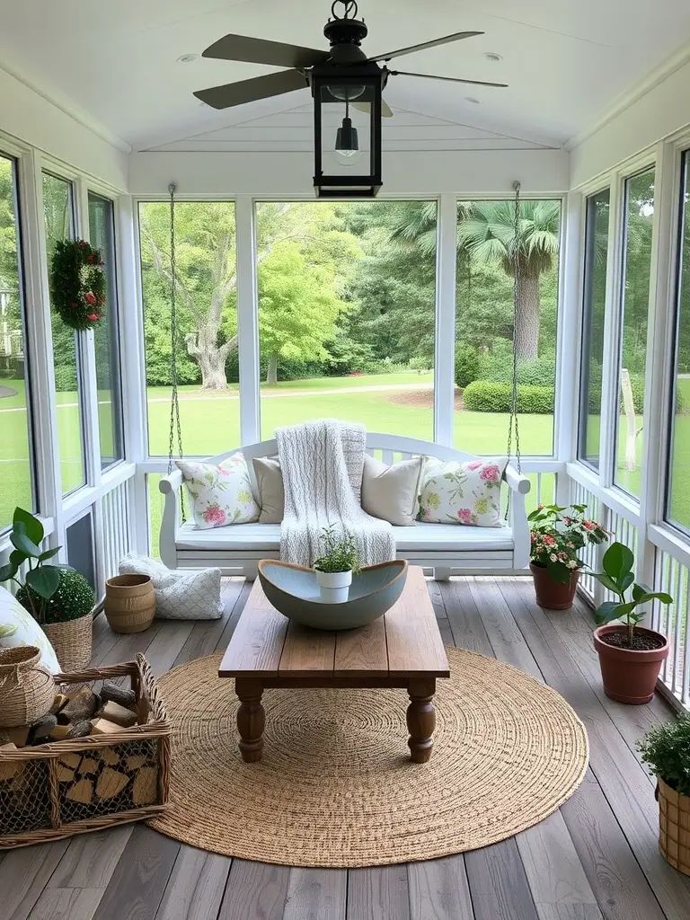 Cozy farmhouse-style screened porch featuring a swing, plants, and natural light.