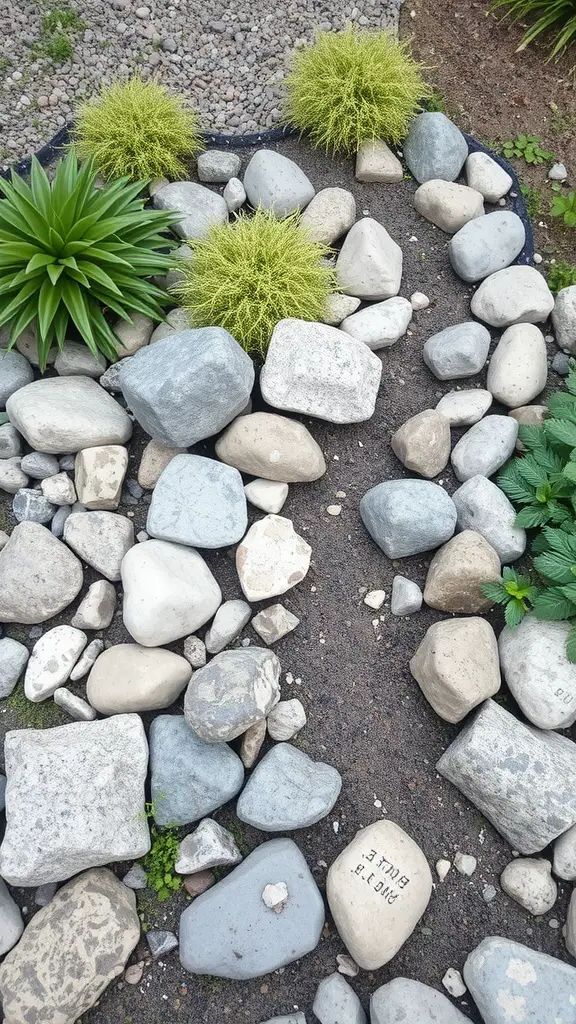 A serene stone garden with various rocks and green plants, showcasing natural elegance.
