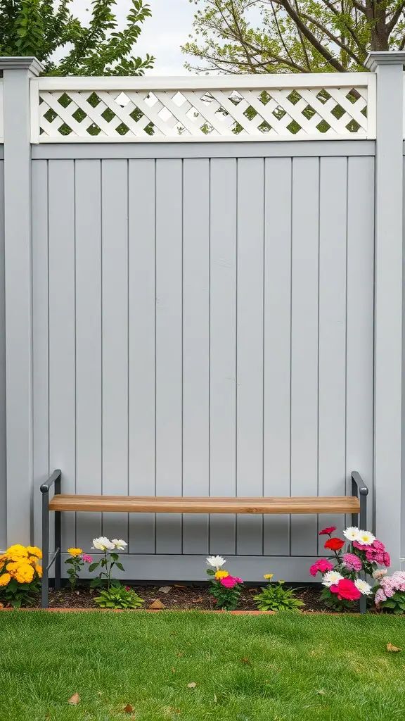 A light gray privacy fence with a decorative lattice top, accompanied by colorful flowers and a wooden bench.
