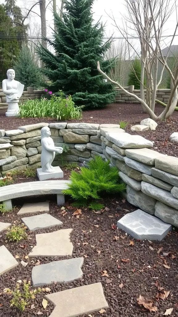 A serene stone garden featuring a curved stone wall, a bench, and a statue surrounded by greenery.