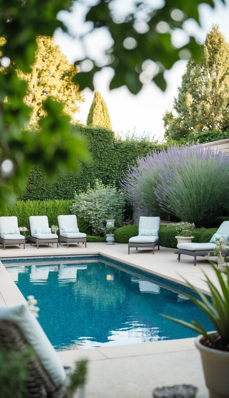 A serene backyard with lush lavender plants, a sparkling pool, and cozy lounge chairs surrounded by elegant landscaping