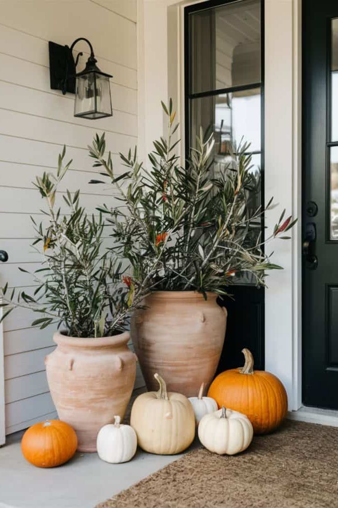 Mediterranean fall porch with terracotta pots and olive branches