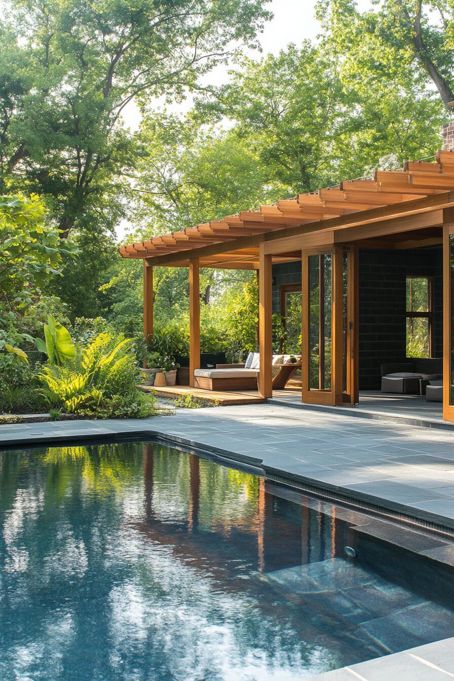 Pool house. Slate tiles, indoor-outdoor shower, teak cabana, covered lounge, horizon-line pool.
